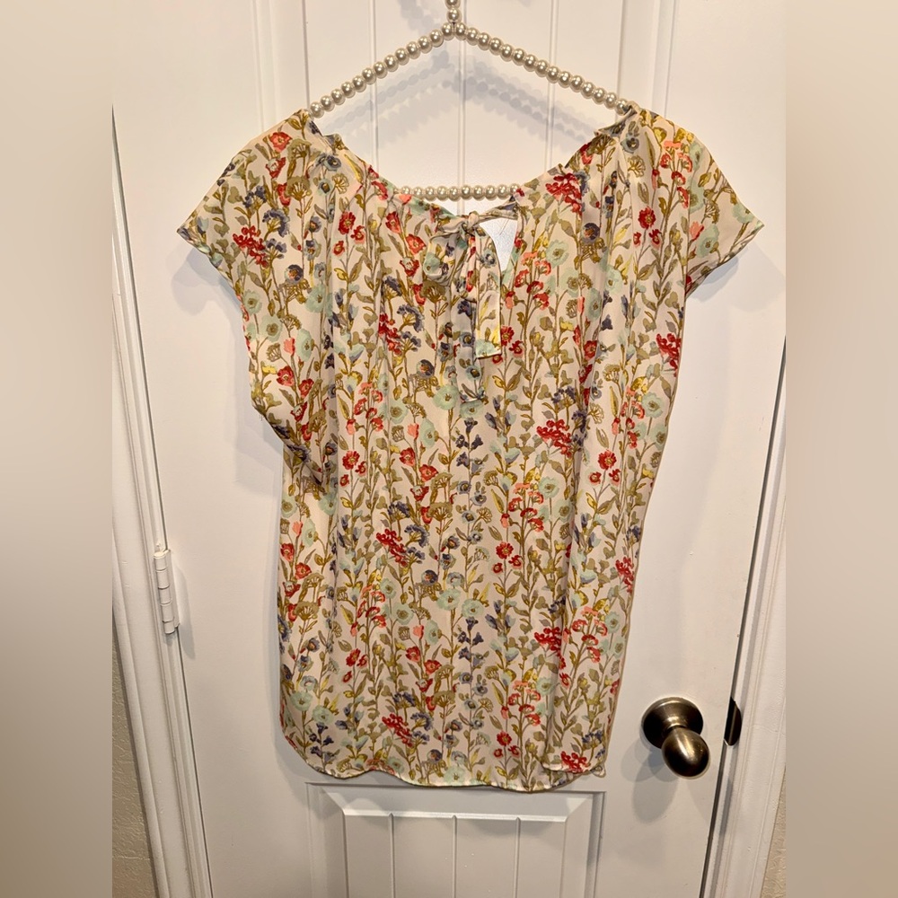 LC Lauren Conrad Floral Blouse Size L Multicolor Tie Back Keyhole Boho Top - Picture 4 of 10